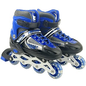 Patins Infantil 4 Rodas 34 - 37 Ajustável  Azul com Luz Colorida e Freio - 82067