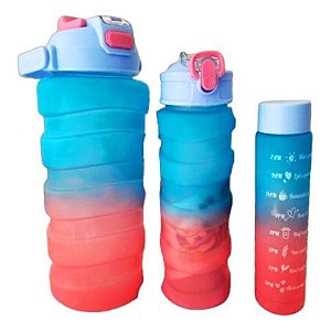 Kit 3 Garrafas 2l 480ml 250ml Com Alça E Adesivos Academia Azul C/Rosa