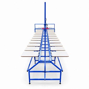Mesa corrida com 30 berços, carrinho e flash cure para serigrafia têxtil