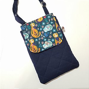 Bolsinha de Tecido, Porta Celular, Alça Regulável e Bolsos. Bolsa Transversal