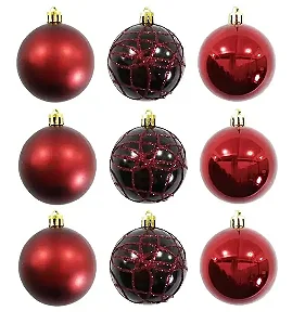 Kit 9 Bola de Natal Mista Lisa Fosca Risco C/Glitter Vinho 6CM