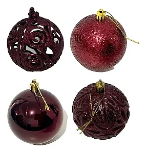 Kit 9 Bola de Natal Textura Folha E Flor Vinho 6Cm