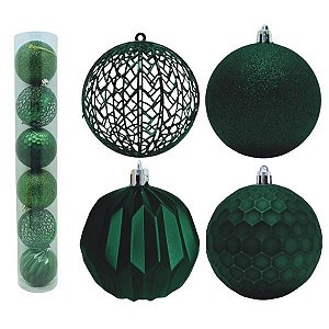 Kit 06 Bolas de Natal Verde Mista 8CM Vazada/Fosca/Glitter/Colmeia/Texturada