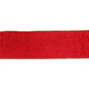 Fita Decorativa de Natal Veludo Vermelha Borda Em Ouro 3,8CM x 4,57M