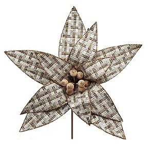 Pick Natalino Flor Poinsettia Xadrez Bege 30cm