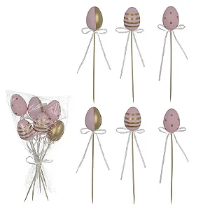 Pick Ovo De Páscoa C/6 Unidades (BRANCO DOURADO) 6CM