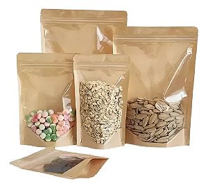 Sacos Stand Up Pouch 14x20cm Kraft Frente Transparente - Pct c/ 50