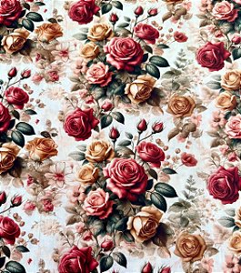 TC017 Tricoline Rosas Fundo Bege