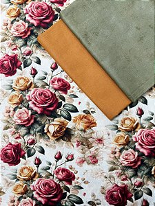 Kit TC017 Tricoline Rosas Fundo Bege