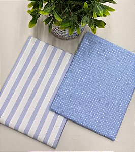 Kit Tricoline Estampada Listrado Smart Azul + Poa 03 Azul + manta