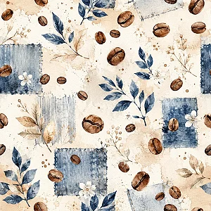 TC342 - Tricoline Coleção Blue Coffee Grãos e Ramos