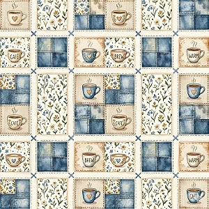 TC346 - Tricoline Coleção Blue Coffee Patch Xícaras