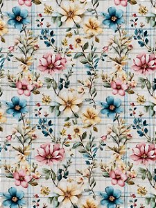 F03 - TC374 Tricoline Pastel Flores no Xadrez