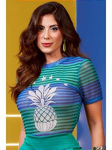 Blusa Listrada De Tule Com Abacaxi