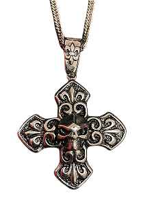 Colar de Cruz e Caveira Estilizada – Aço Inoxidável