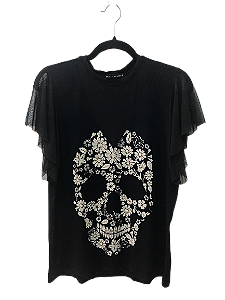 Blusa Feminina Caveira Floral – Mangas de Tule