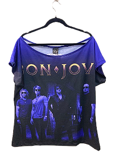 Blusa Feminina Bon Jovi Azul e Preta – Decote Canoa.
