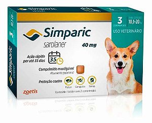 Antipulgas e Carrapatos Simparic 40 mg para cães 10,1 a 20 kg - 3 Unidades