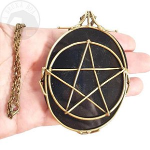 Espelho Negro - Obsidiana com Pentagrama - Ouro Velho