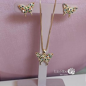 Conjunto coração zircônias coloridas (Prata)