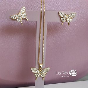 Conjunto borboleta com zircônia Dourado