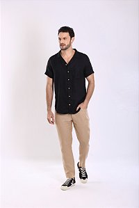 CAMISA PURO LINHO GOLA CUBANA PRETA