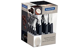 Faqueiro em Aço Inox Carmel Cabo preto 24 Peças Tramontina