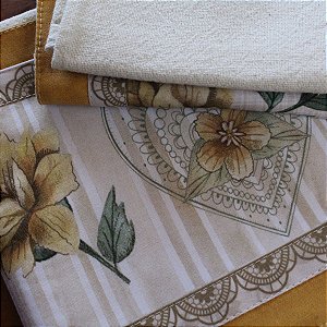 Pano de Copa Cru com Barrado Floral - Kit 5 un.