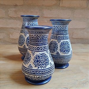 Trio De Jarros Decorados Em Pedra Sabão Azul Marinho
