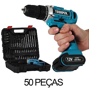 Furadeira Parafusadeira 3/8 a Bateria 12v Com 50 Acessorios Tssaper TPA12-50