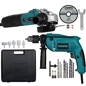 Kit Completo 2 em 1 Furadeira de Impacto e Esmerilhadeira Elétrica Maleta e Acessórios Tssaper TKFE-820