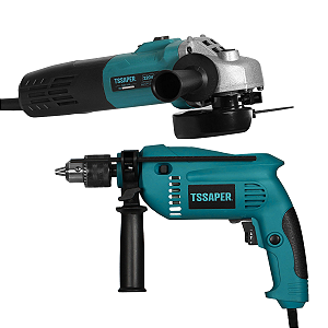 Kit Completo 2 em 1 Furadeira de Impacto e Esmerilhadeira Elétrica Maleta e Acessórios Tssaper TKFE-820