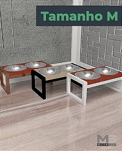 Comedouro Duplo para Cachorros e Gatos Tamanho M Ferro e Madeira Maciça
