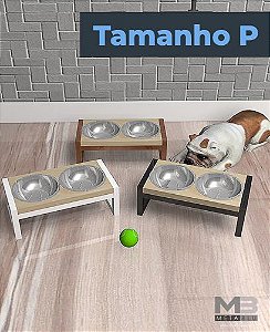 Comedouro Duplo para Cachorros e Gatos Tamanho P Ferro e Madeira Maciça