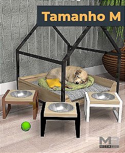 Comedouro para Cachorros e Gatos Tamanho M Ferro e Madeira Maciça