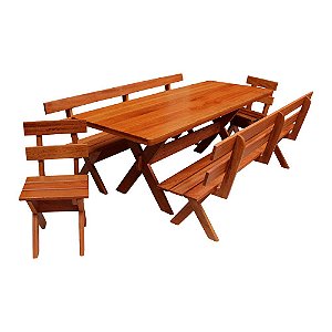 Conjunto Mesa Rústica Churrasco (320cm x 90cm) com 10 Cadeiras Coloniais  Rústicas de Madeira Maciça de Angelim - Pés Formato Taça - Acabamento  Verniz