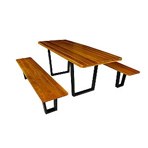 Conjunto Mesa Rústica 2m e 2 Bancos Design Pé De Ferro Madeira Maciça Angelim