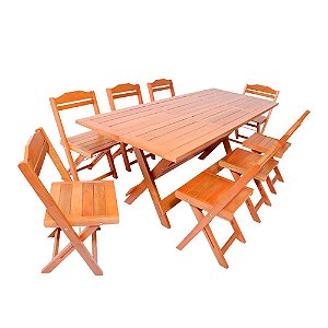 Conjunto de Mesa Dobrável Para Churrasco 2m 8 Cadeiras Madeira Maciça Eucalipto