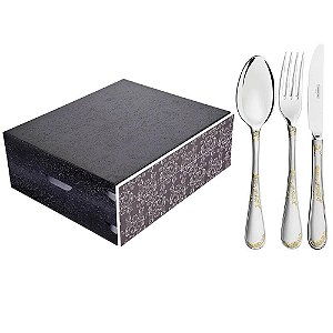 Faqueiro Tramontina Renascença Inox com Facas de Mesa Detalhes em Ouro Acabamento Brilho e Fosco Estojo de ...