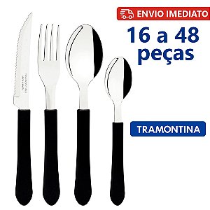 Faqueiro Tramontina Leme Preto - Kits Completos de 16 a 48 Peças Inox