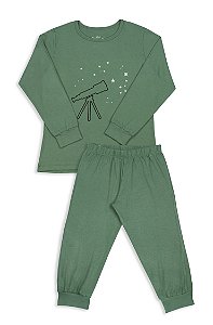 Pijama Infantil Masculino Calça e Camiseta Monga Longa Luneta Verde
