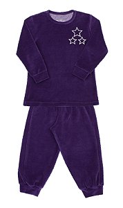 Pijama Infantil Feminino Calça e Camiseta Manga Longa Plush Estrela Roxo