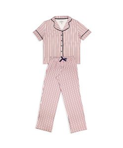 Pijama Adulto Feminino Calça e Camisa Manga Curta Listrado Rosa e Azul