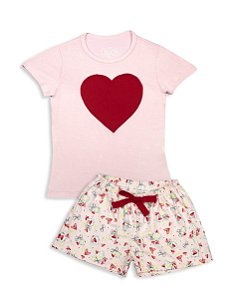 Pijama Infantil Feminino Shorts e Camiseta Manga Curta Coração
