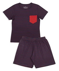 Pijama Adulto Masculino Shorts e Camiseta Manga Curta  Listrado Vermelho Família
