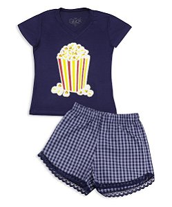 Pijama Infantil Feminino Shorts e Camiseta Manga Curta Pipoca Família