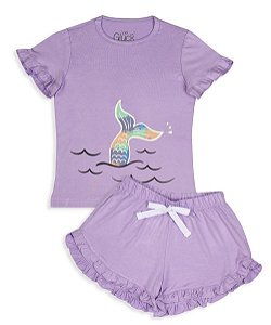 Pijama Infantil Feminino Shorts e Camiseta Manga Curta Sereia