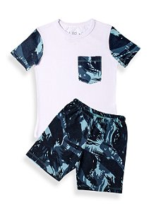 Pijama Infantil Masculino Shorts e Camiseta Manga Curta Camuflado Azul