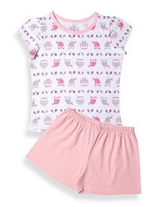 Pijama Infantil Feminino Shorts e Camiseta Manga Curta Coruja