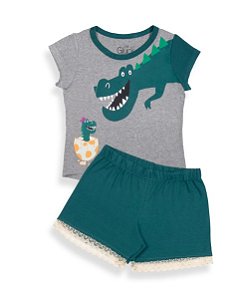 Pijama Infantil Feminino Shorts e Camiseta Manga Curta Dino